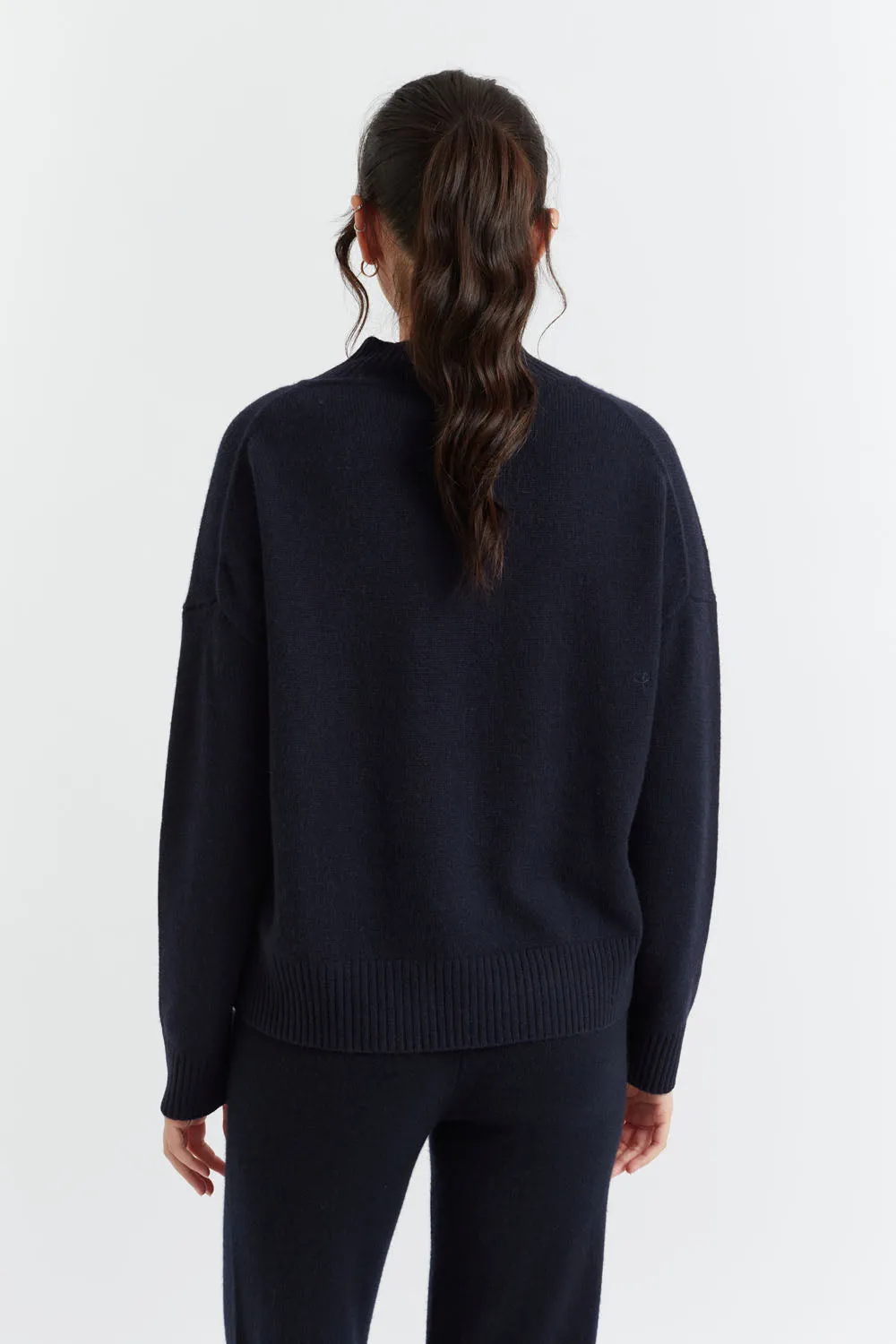 Navy Cashmere V-Neck Funnel Sweater