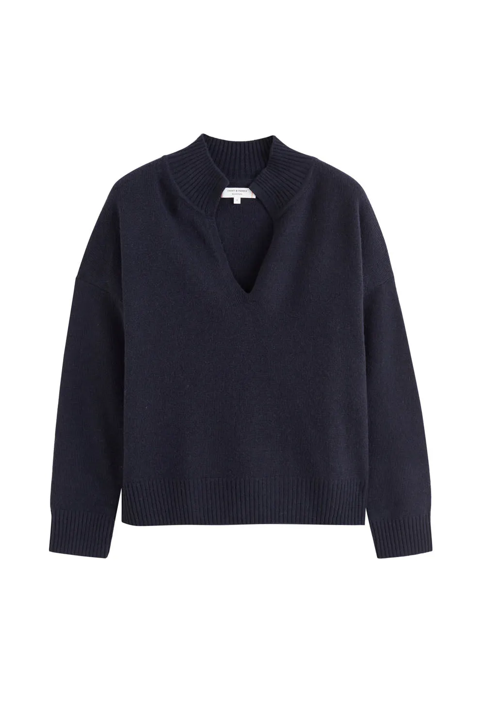 Navy Cashmere V-Neck Funnel Sweater