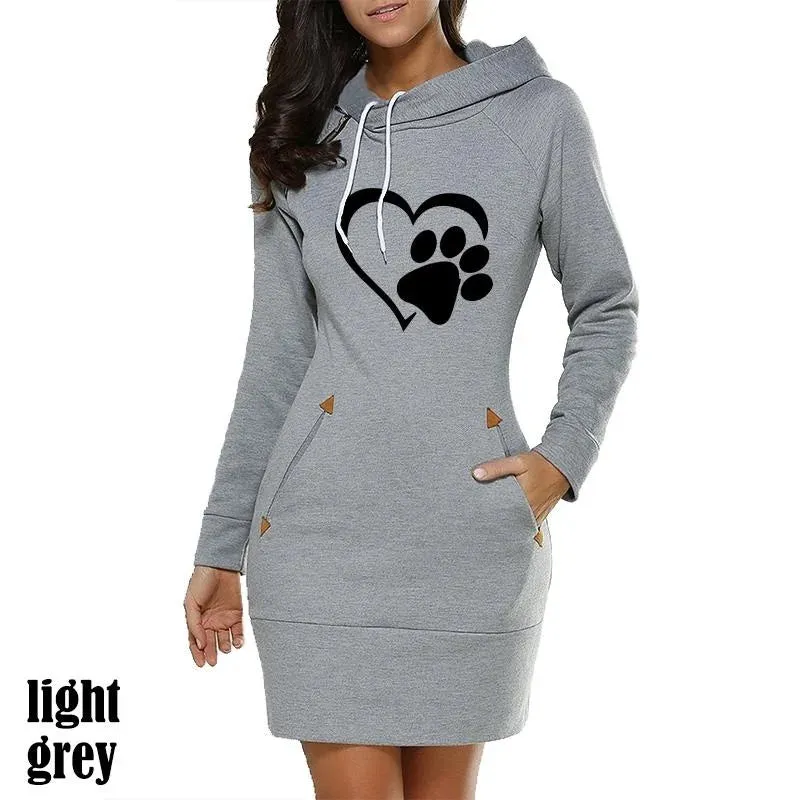 New Women's Hooded Cat Paw Print Long Sleeve Hoodie Casual Skirt Hooded Pullover Pocket Sweater Dress