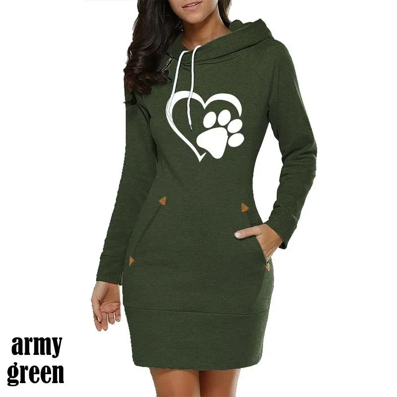 New Women's Hooded Cat Paw Print Long Sleeve Hoodie Casual Skirt Hooded Pullover Pocket Sweater Dress