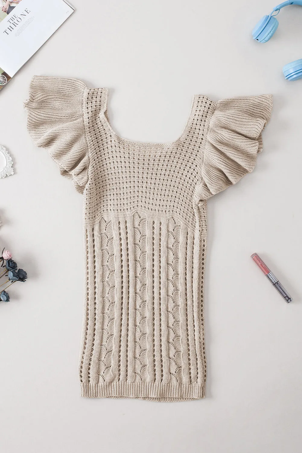 Pointelle Knit Flutter Sleeve Sweater