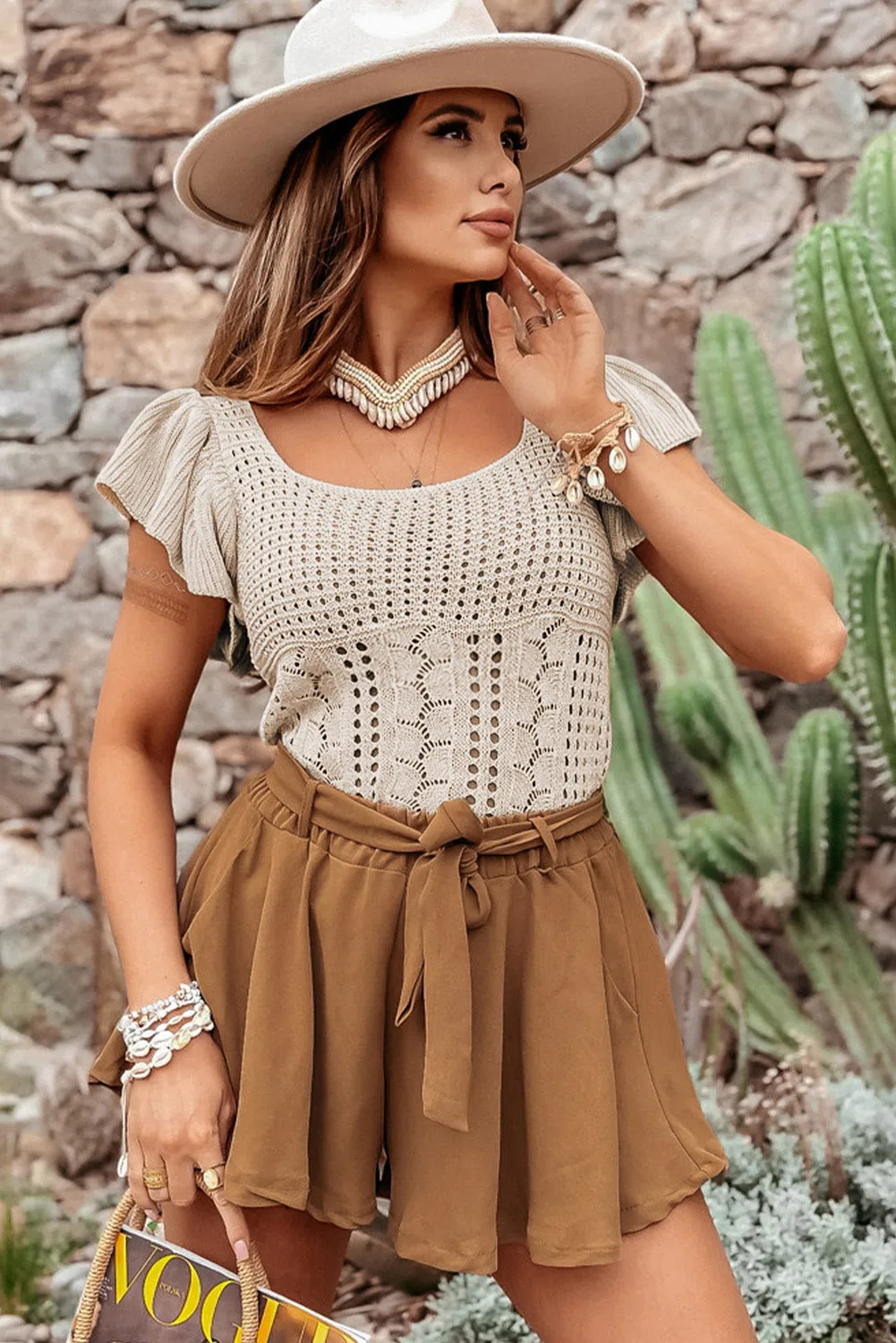 Pointelle Knit Flutter Sleeve Sweater