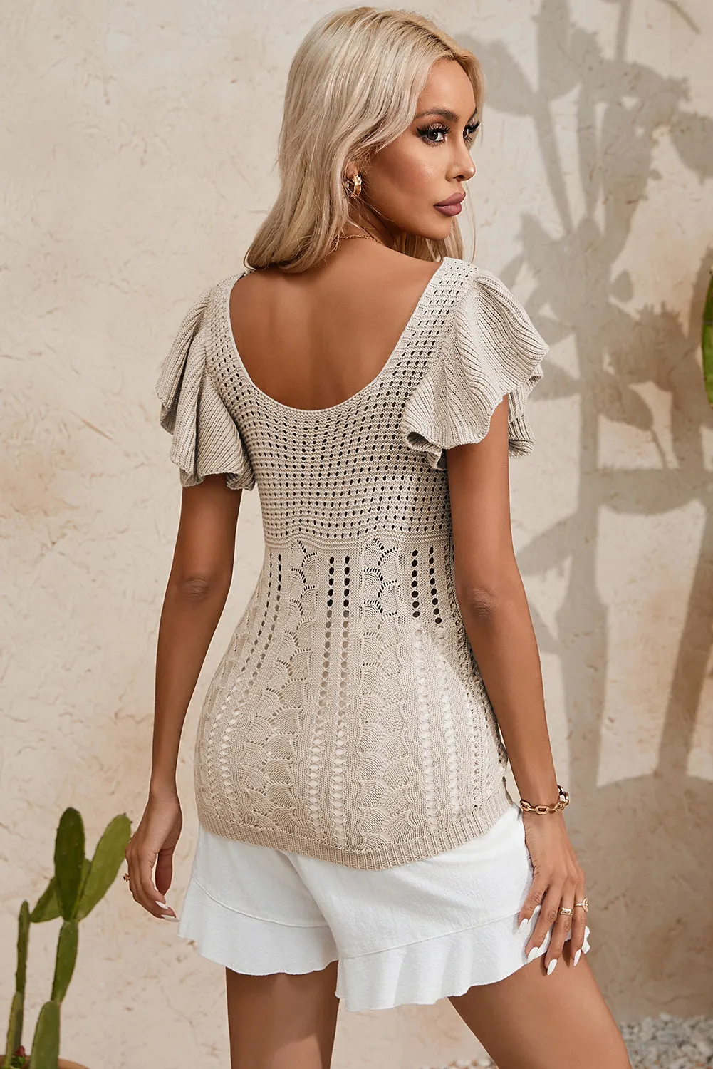 Pointelle Knit Flutter Sleeve Sweater