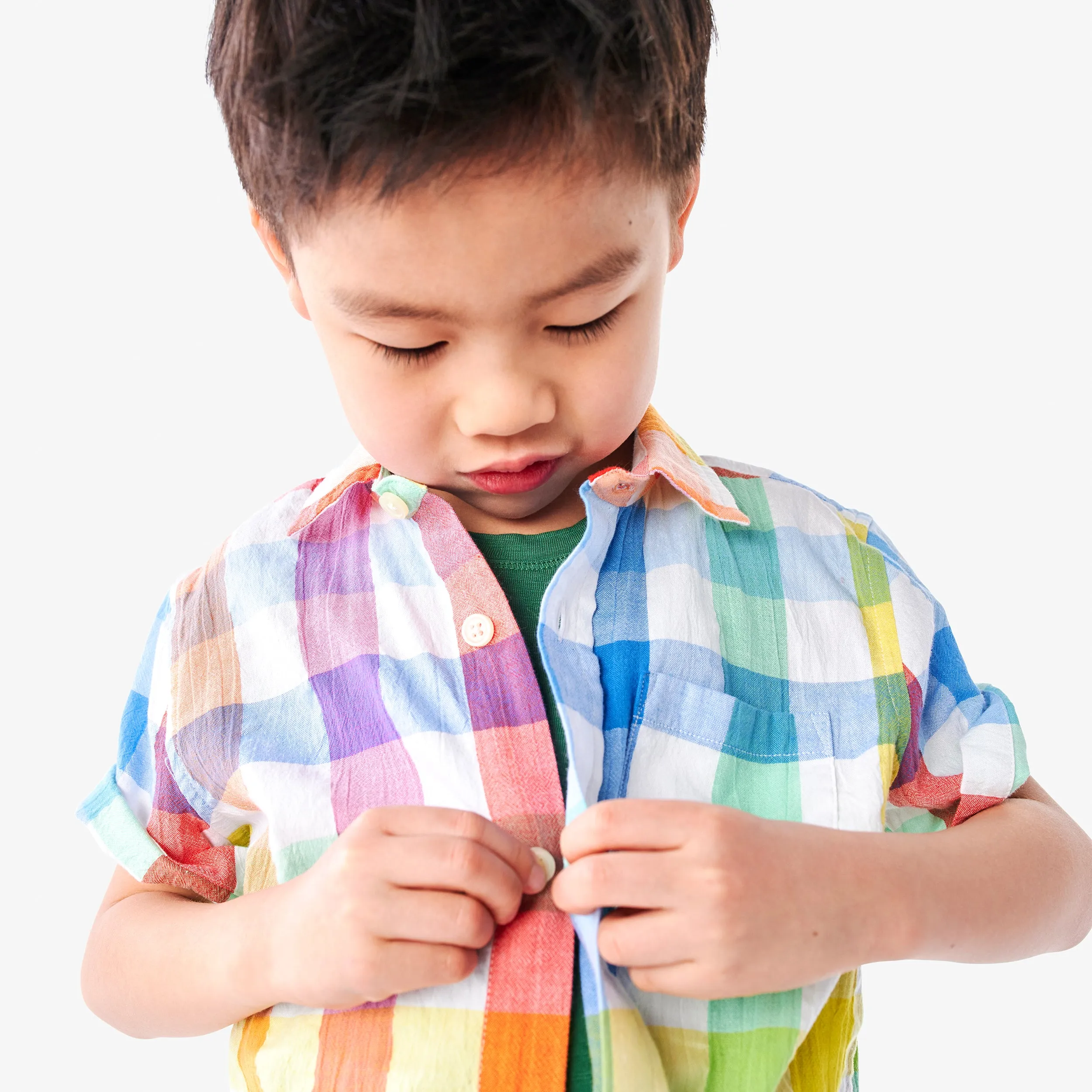 Short sleeve button down in rainbow gingham