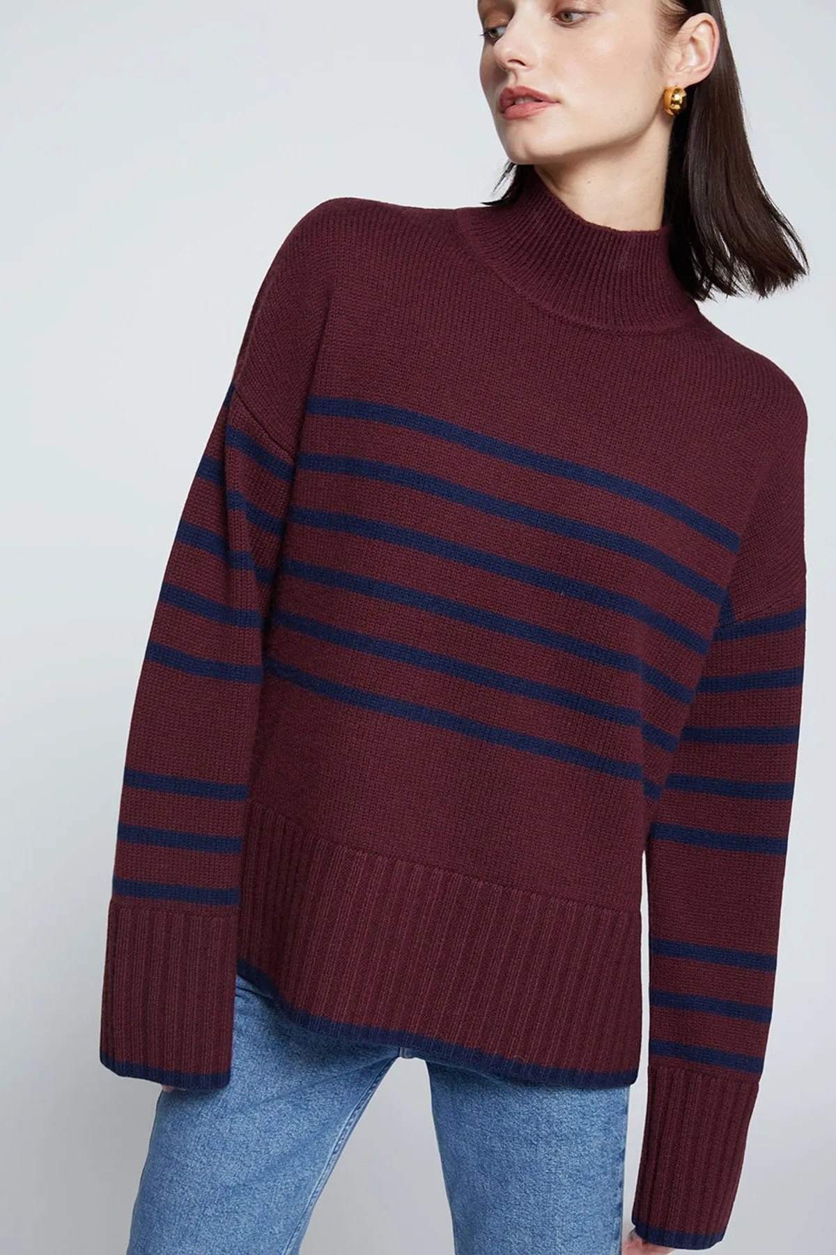 Stateside Striped Mock Neck Sweater in Cherry Liquor