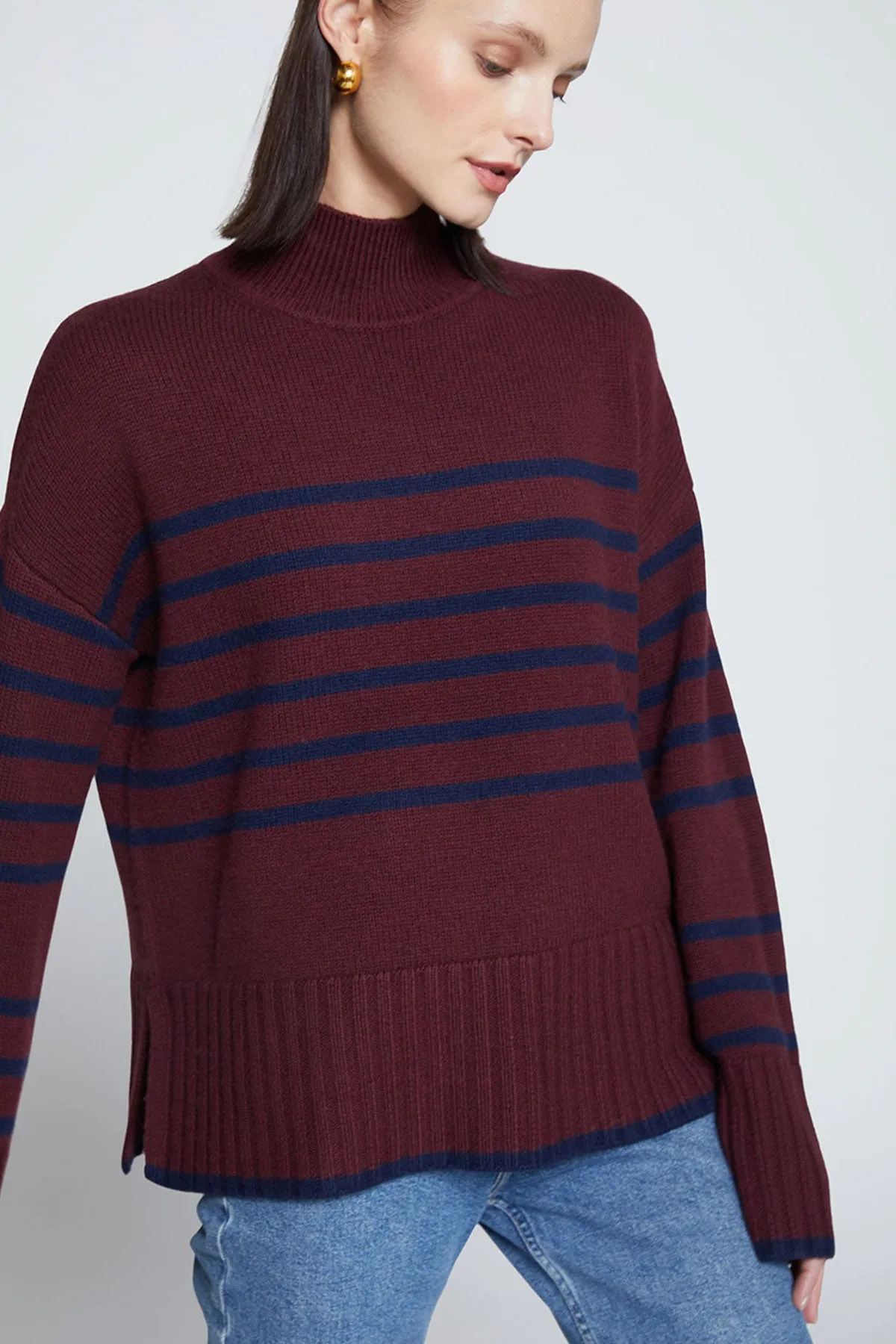 Stateside Striped Mock Neck Sweater in Cherry Liquor