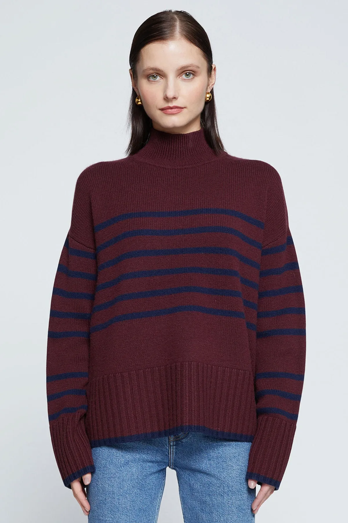 Stateside Striped Mock Neck Sweater in Cherry Liquor