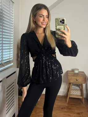 Talia Cut Out Top / Black Sequin