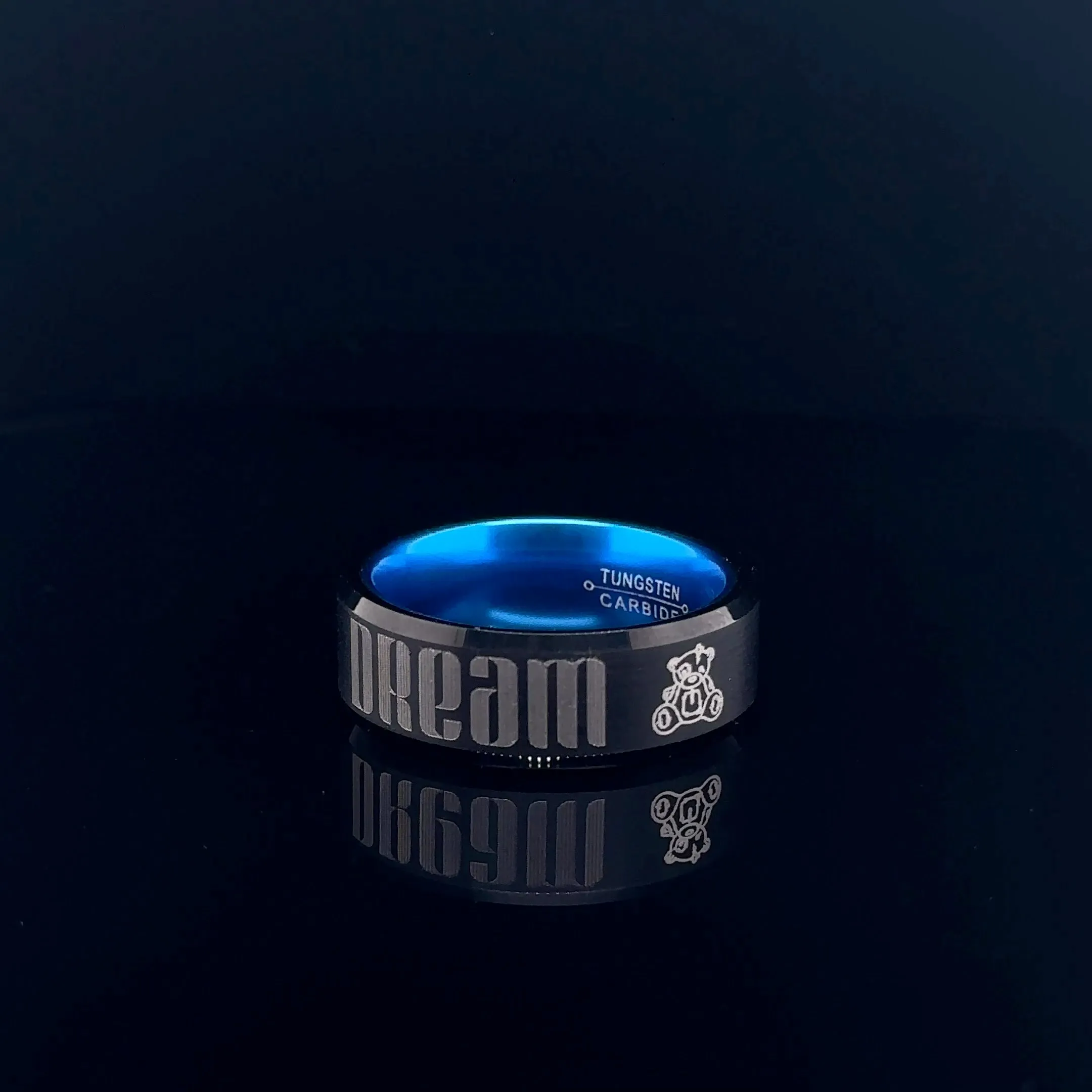 Two-Tone Black Brushed Band Ring w/ Blue Handle With Care (8MM)