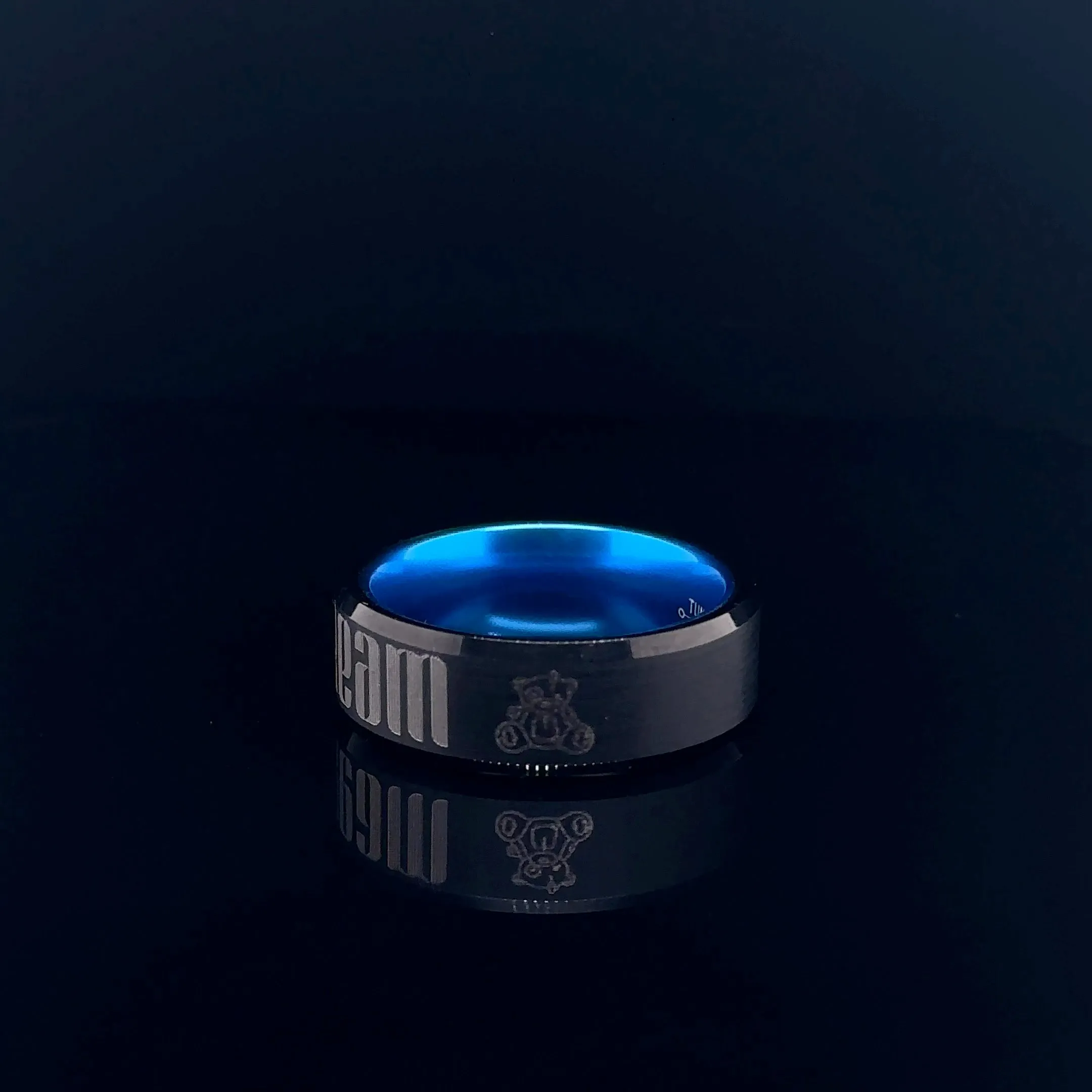 Two-Tone Black Brushed Band Ring w/ Blue Handle With Care (8MM)