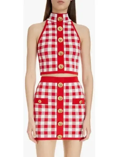 Women’s Cropped Button-Embellished Gingham Halter Top and Skirt Set, Red & White