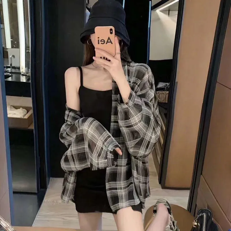 Xpqbb Blouses Women Korean Chic Daily Outwear Loose Vacation Plaid Shirt Woman Simple Long Sleeve Summer Sun Protection Shirts