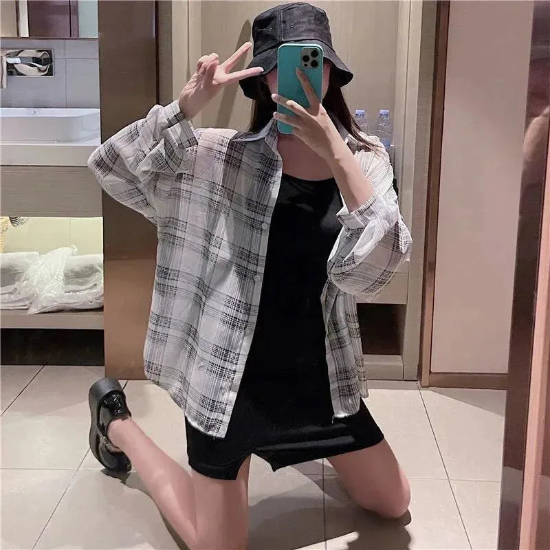 Xpqbb Blouses Women Korean Chic Daily Outwear Loose Vacation Plaid Shirt Woman Simple Long Sleeve Summer Sun Protection Shirts