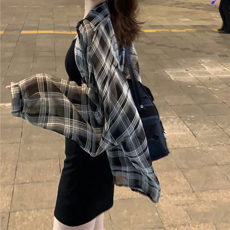 Xpqbb Blouses Women Korean Chic Daily Outwear Loose Vacation Plaid Shirt Woman Simple Long Sleeve Summer Sun Protection Shirts