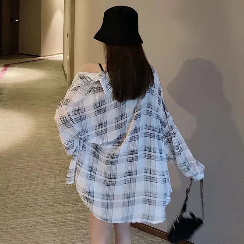 Xpqbb Blouses Women Korean Chic Daily Outwear Loose Vacation Plaid Shirt Woman Simple Long Sleeve Summer Sun Protection Shirts