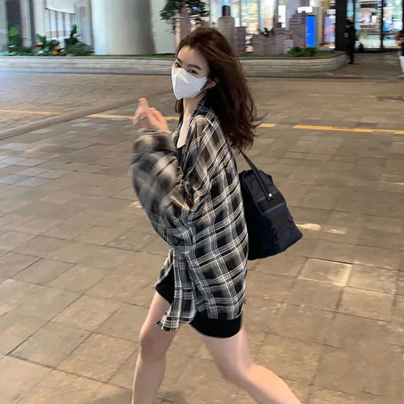 Xpqbb Blouses Women Korean Chic Daily Outwear Loose Vacation Plaid Shirt Woman Simple Long Sleeve Summer Sun Protection Shirts
