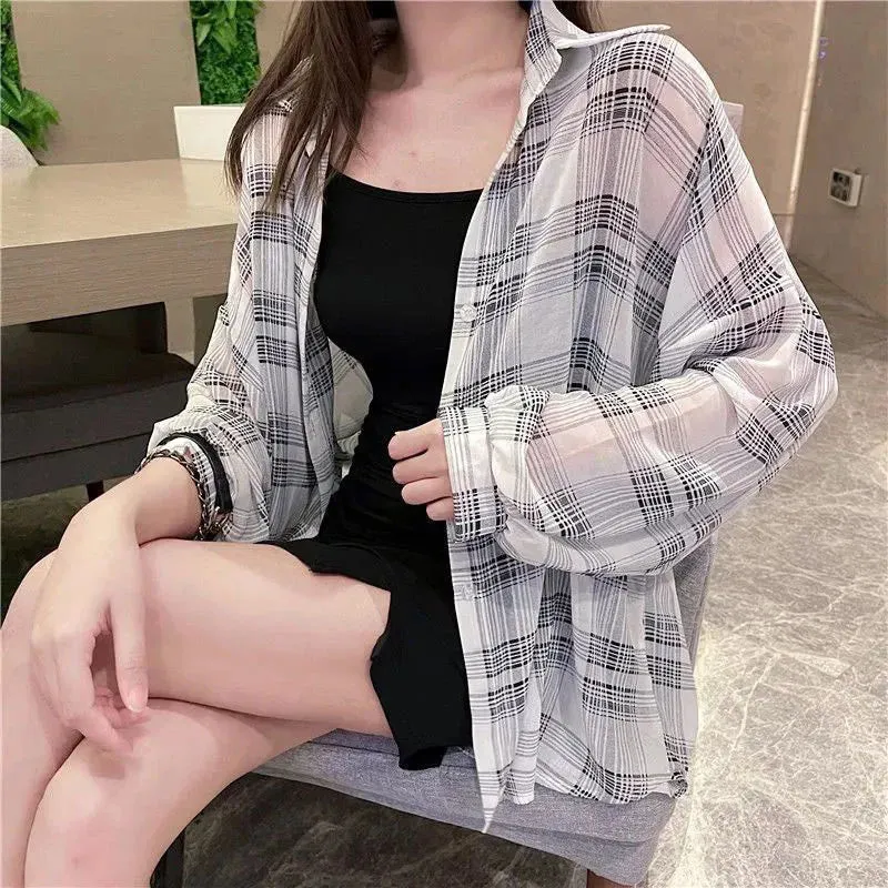Xpqbb Blouses Women Korean Chic Daily Outwear Loose Vacation Plaid Shirt Woman Simple Long Sleeve Summer Sun Protection Shirts