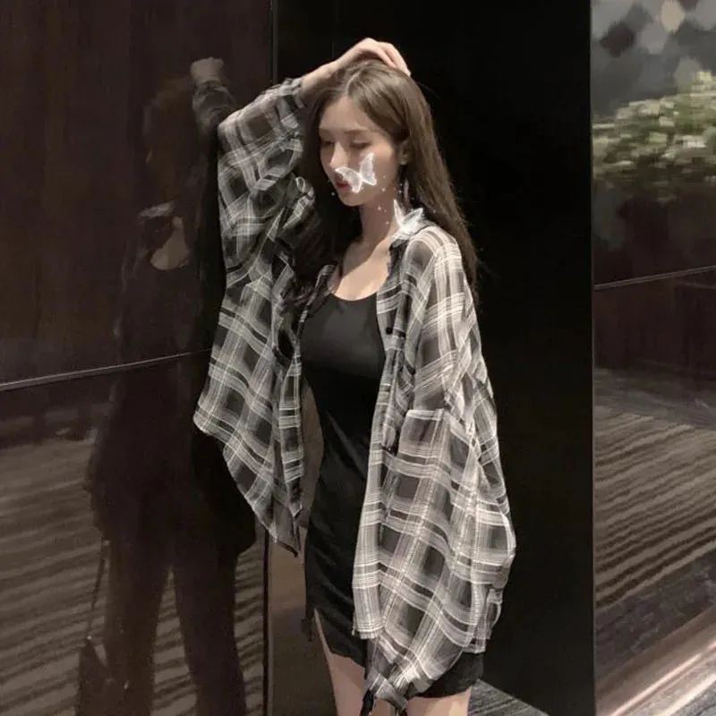 Xpqbb Blouses Women Korean Chic Daily Outwear Loose Vacation Plaid Shirt Woman Simple Long Sleeve Summer Sun Protection Shirts