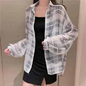 Xpqbb Blouses Women Korean Chic Daily Outwear Loose Vacation Plaid Shirt Woman Simple Long Sleeve Summer Sun Protection Shirts