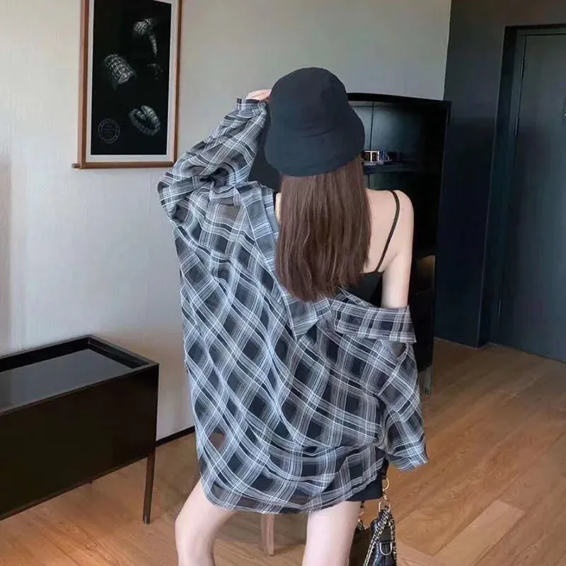 Xpqbb Blouses Women Korean Chic Daily Outwear Loose Vacation Plaid Shirt Woman Simple Long Sleeve Summer Sun Protection Shirts