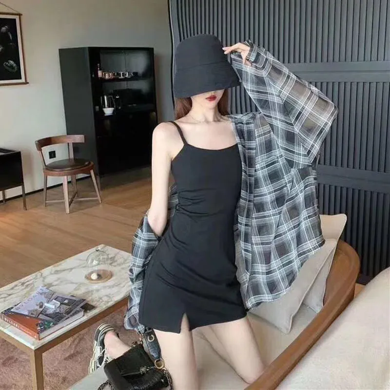 Xpqbb Blouses Women Korean Chic Daily Outwear Loose Vacation Plaid Shirt Woman Simple Long Sleeve Summer Sun Protection Shirts