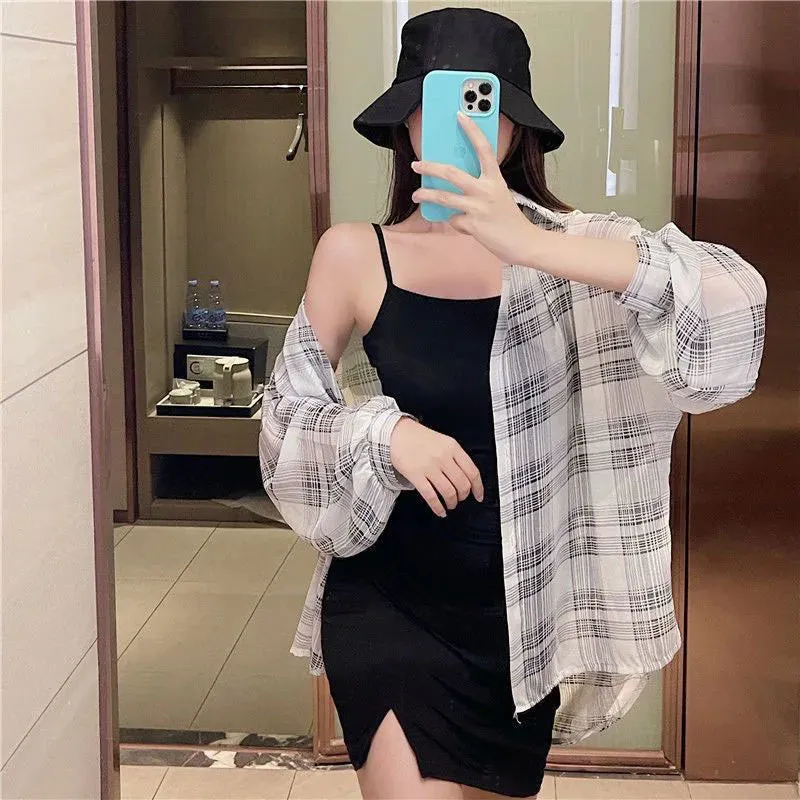 Xpqbb Blouses Women Korean Chic Daily Outwear Loose Vacation Plaid Shirt Woman Simple Long Sleeve Summer Sun Protection Shirts