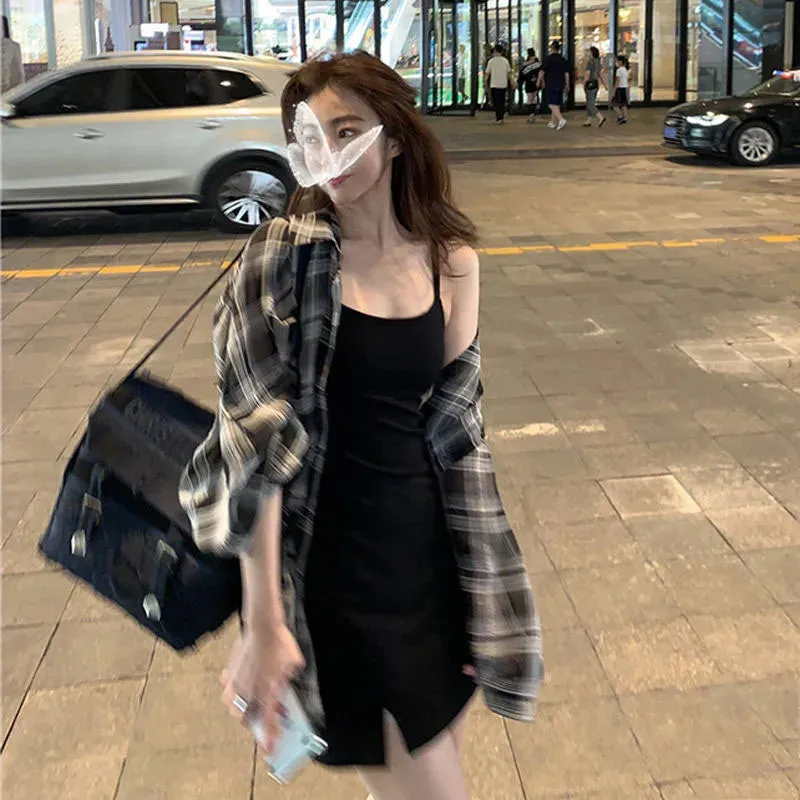 Xpqbb Blouses Women Korean Chic Daily Outwear Loose Vacation Plaid Shirt Woman Simple Long Sleeve Summer Sun Protection Shirts